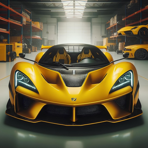 une supercar jaune dans l'atelier