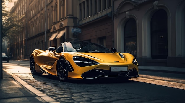 Une supercar jaune dans une rue pavée le soir