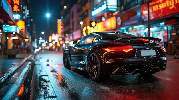 Supercar de luxe rapide sur les routes d'une voiture futuriste urbaine nocturne du futur filmant en mouvement