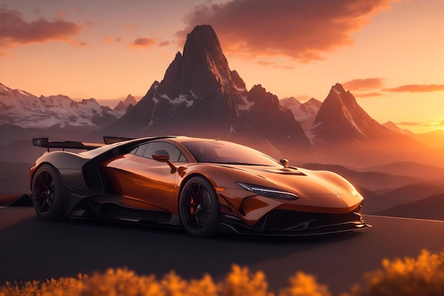 Une supercar photoréaliste brillante garée devant un majestueux coucher de soleil sur une montagne généré par Ai