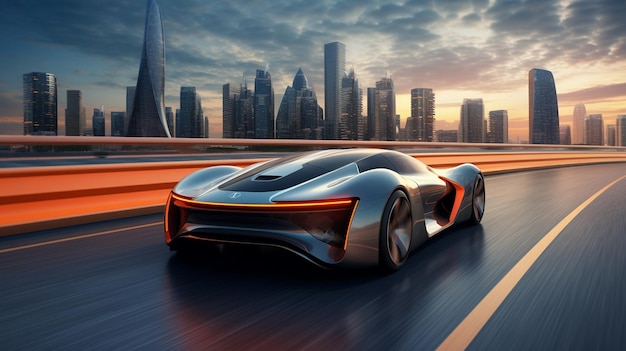 Supercar traversant une ville futuriste