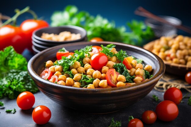 Photo superclose de cuillère avec des pois chiches avec des feuilles d'olives et de tomates dans un bol bleu sur la table