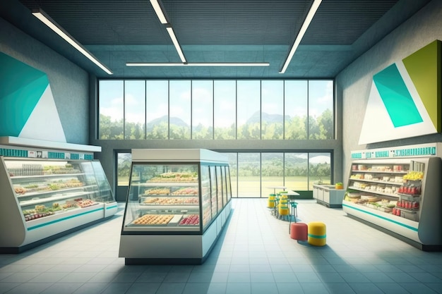 Supermarché moderne et intelligent au design futuriste avec de grandes fenêtres et une belle journée d'été AI générative