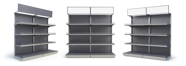 Supermarché vide noir ou étagère de magasin isolé sur fond blanc Étagère de vente au détail Maquette modèle