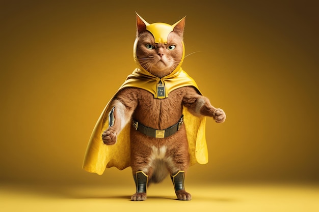 Superpet Cat en tant que super-héros avec cape sur fond jaune Créé Generative Ai