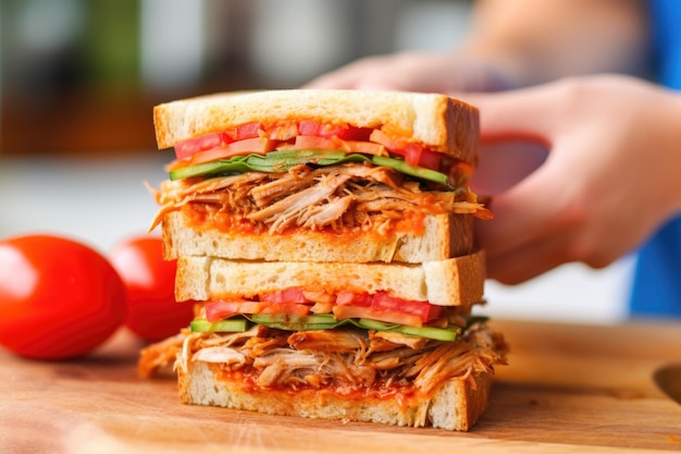 Superposer à la main des tranches de tomate sur un sandwich au porc effiloché