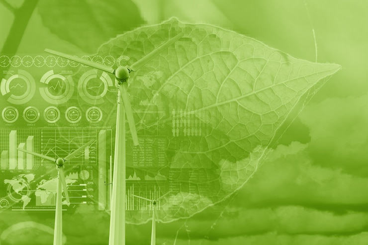 Photo superposition d'éolienne avec feuille de plante et infographie de données pour l'énergie verte écologique technologie énergétique respectueuse de l'environnement science des données et concept de fond de recherche