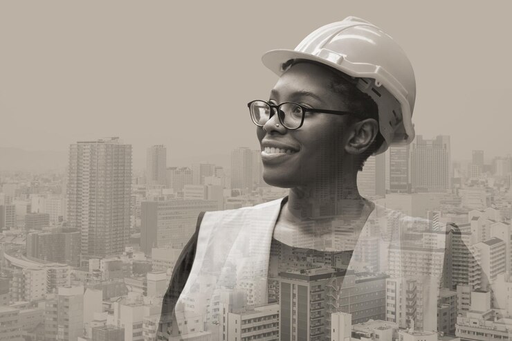 Superposition de portrait de sourire heureux travailleur ingénieur femme noire avec le métro de la ville pour le concept d'ingénieur civil