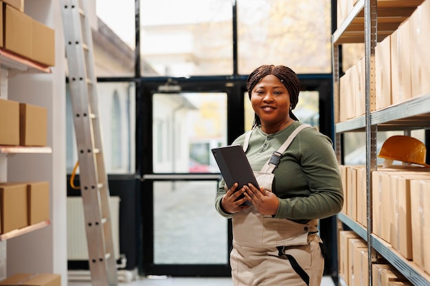 Superviseur d'entrepôt souriant à la caméra tout en travaillant à la livraison de marchandises, vérifiant les commandes des clients sur une tablette. Travailleur afro-américain portant une combinaison industrielle dans la salle de stockage