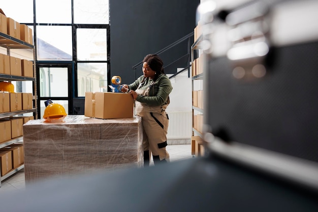 Superviseur de magasin mettant du ruban adhésif sur une boîte en carton, préparant les colis des clients pour la livraison en entrepôt. Travailleur de la salle de stockage portant une combinaison industrielle travaillant sur des commandes en ligne dans un entrepôt