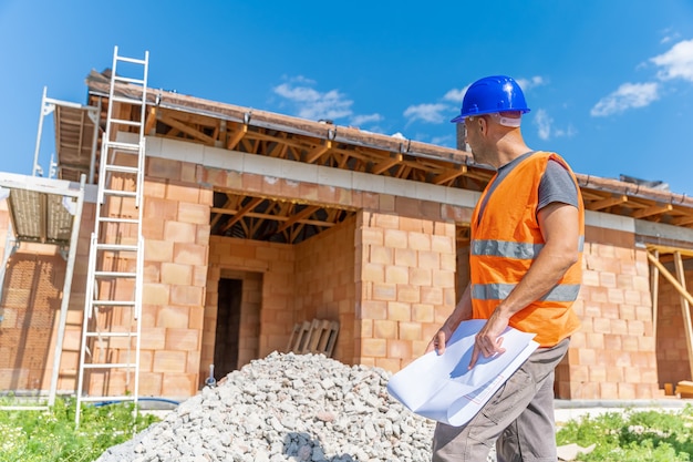 Photo la supervision de la construction contrôle le projet lors de la construction d'une maison familiale