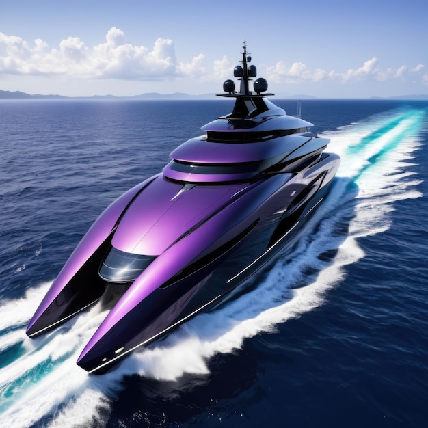 un superyacht glissant à travers la mer ouverte au milieu d'une toile de fond violette