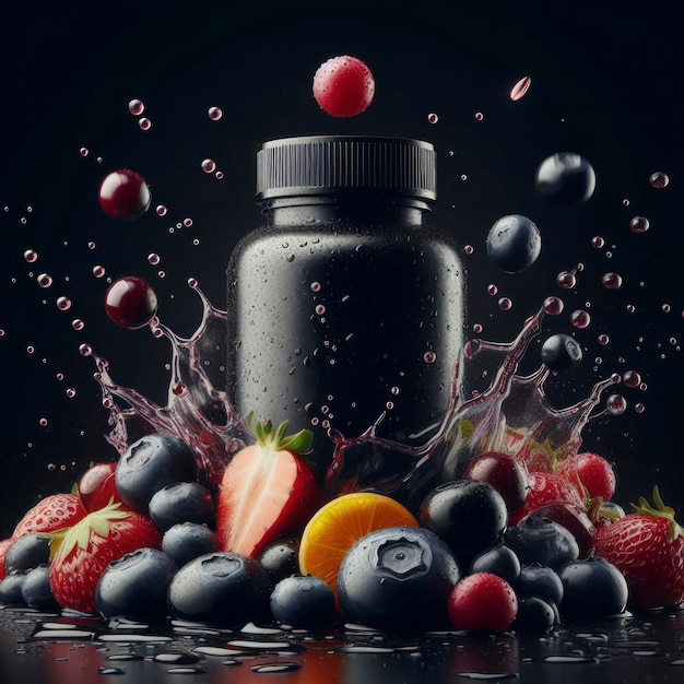 supplément de vitamines de fruits bouteille vide noire parmi les baies d'éclaboussure de saveur isolées sur fond noir ai génératif