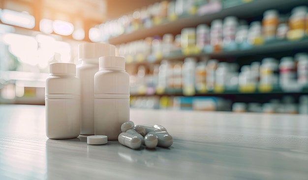 Suppléments et bouteilles de médicaments sur les étagères des pharmacies