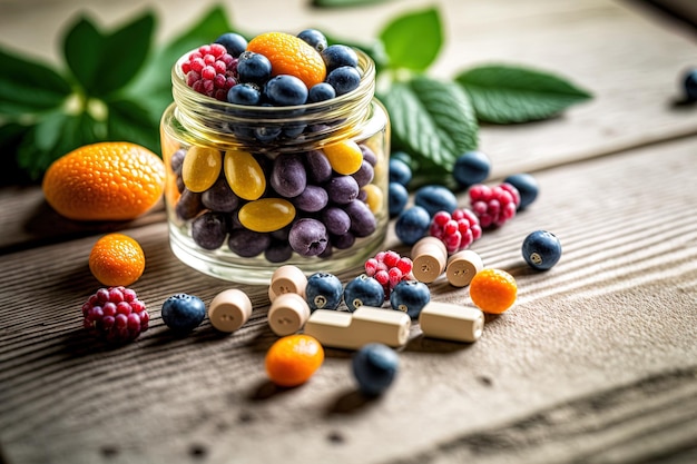 Photo suppléments et multivitamines sur fond de bois blanc et de fruits frais nutritifs