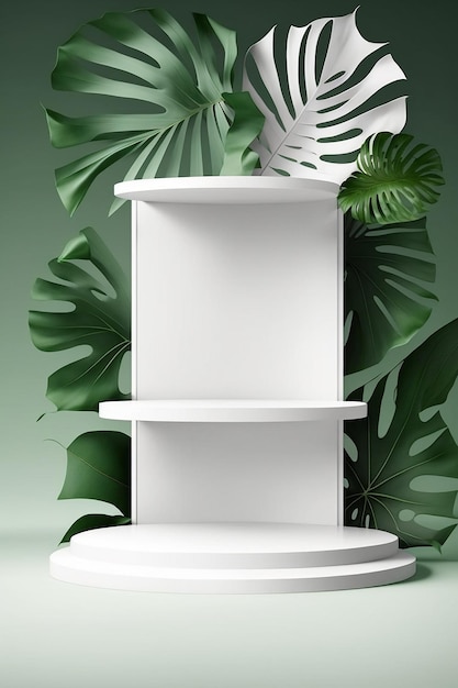 Photo un support blanc moderne pour photographier des objets avec un fond de pierre et de feuilles tropicales generative ai
