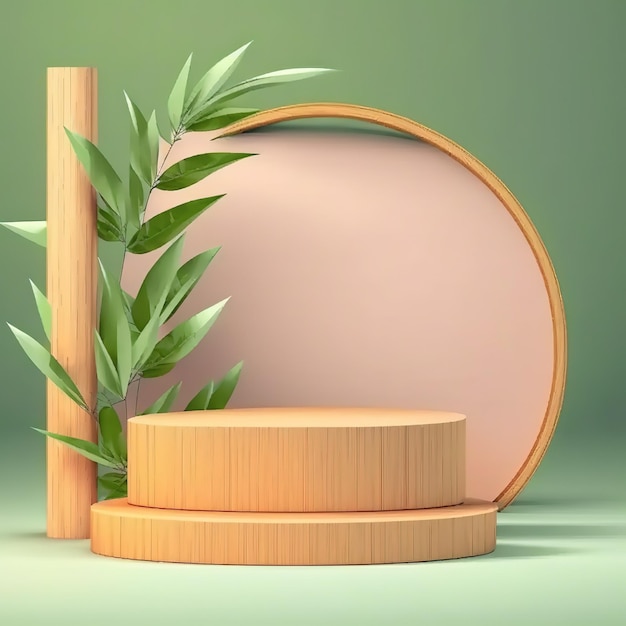 Support en bois pour la présentation du produit avec des feuilles sur fond vert illustration 3d