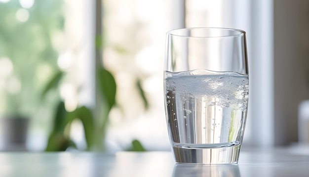 avec un support d'eau en verre sur la table sur un fond de cuisine flou