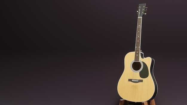 Support de guitare acoustique en bois sur fond sombre rendu 3D