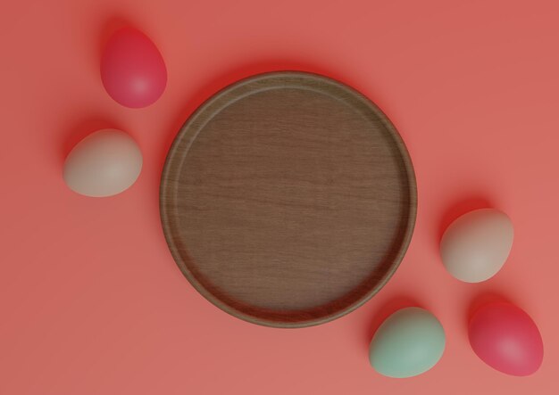 Support de podium d'affichage de produit de vue de dessus de rendu 3D rose plat en bois d'oeufs de Pâques colorés minimal