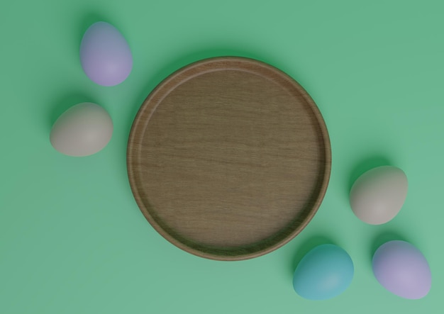 Support de podium d'affichage de produit de vue de dessus de rendu 3D vert plat en bois coloré d'oeufs de pâques minimal