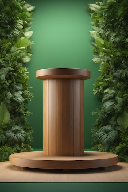 Photo support podium en bois pour l'affichage du produit sur fond vert avec arbre à feuilles