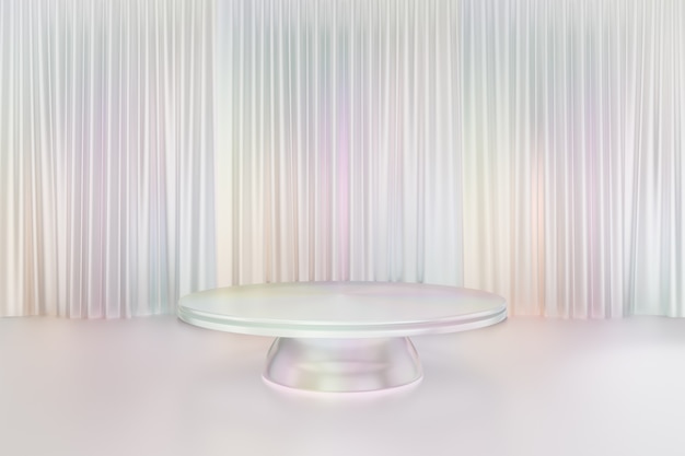 Support de produit d'affichage cosmétique, reflet de podium de sphère cylindrique ronde de couleur perle blanche colorée sur fond de rideau blanc brillant. illustration de rendu 3D