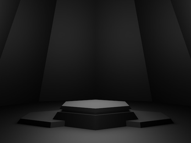 Support de produit géométrique noir rendu 3D. Fond sombre.