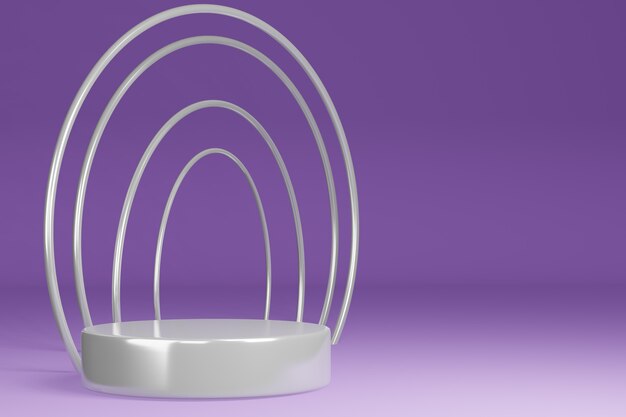 Support de produit, piédestal, forme de cylindre, cadre circulaire, anneau violet et blanc, rendu 3D.