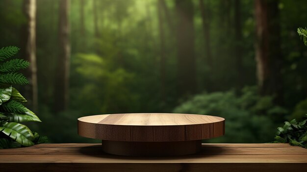 Support de publicité produit podium de table en bois sur fond de forêt