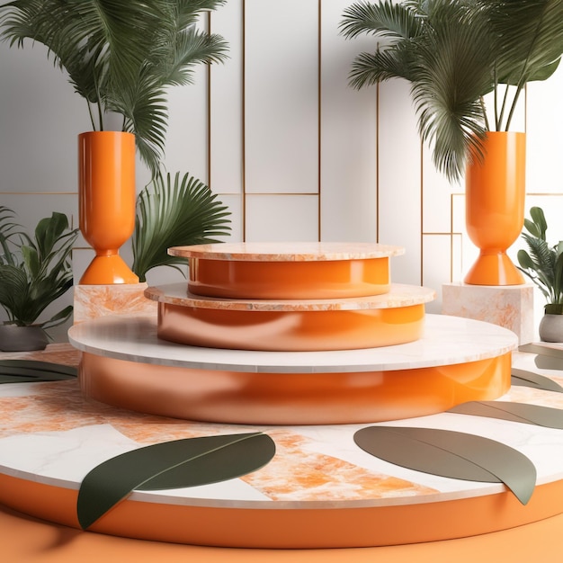 Photo support de scène sur podium en marbre terrazzo blanc et orange avec palmiers tropicaux pour le produit