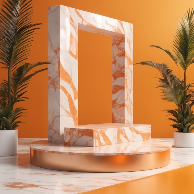 Photo support de scène sur podium en marbre terrazzo blanc et orange avec palmiers tropicaux pour le produit