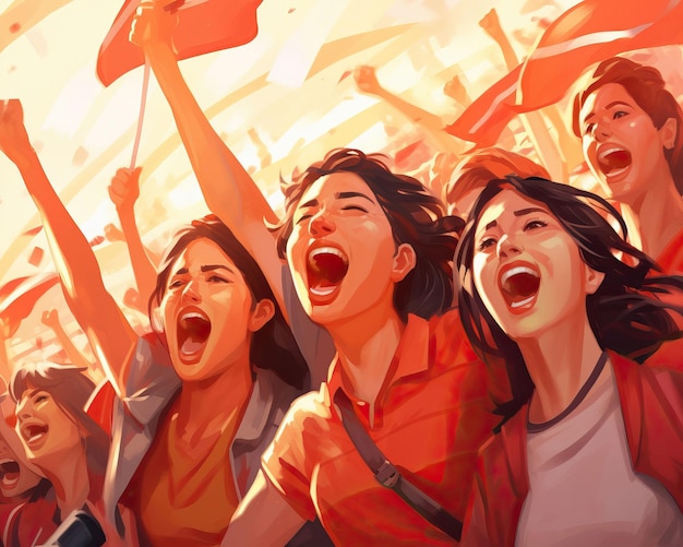 Photo des supporters féminins participant à un rituel d'avant-match chantant et scandant les chants de l'équipe