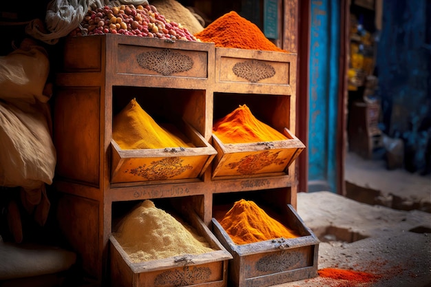 Supports en bois avec des épices dans le vieux marché du Moyen-Orient