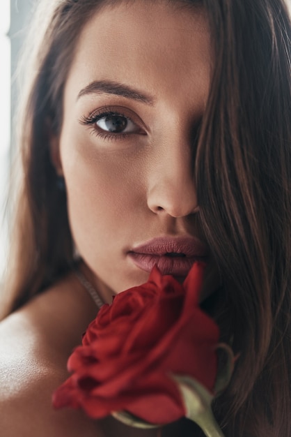 Suprêmement sensuel. Jolie jeune femme tenant une rose rouge et regardant la caméra tout en passant du temps à la maison