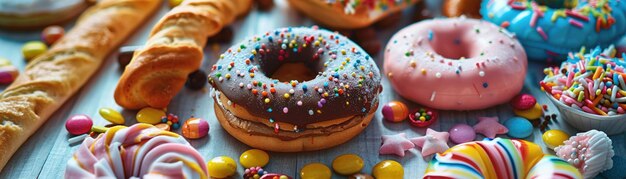 Photo une surabondance de variétés de junk food et de bonbons étalés sur une table