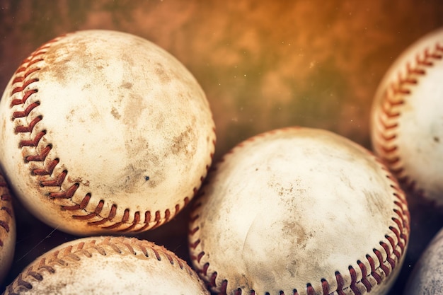 La surface altérée et grossière des balles de baseball antiques sur fond vert Generative Ai