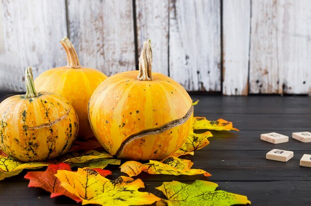 Surface d'automne avec des citrouilles, des feuilles