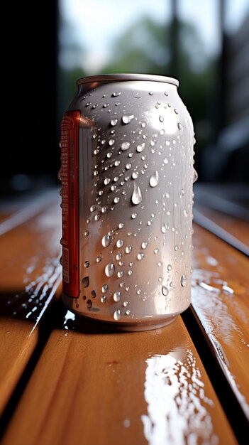 Photo sur une surface en bois, une canette de soda porte une couche d'humidité chatoyante.