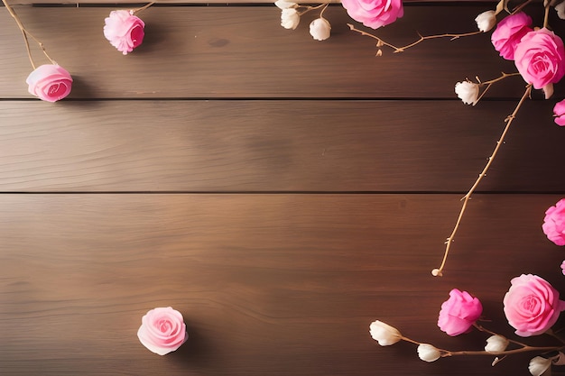 Surface en bois rose avec des brindilles décoratives