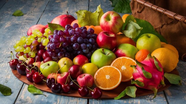 Surface en bois avec une variété de fruits