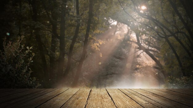 Surface en bois vide dans le contexte d'une forêt d'automne