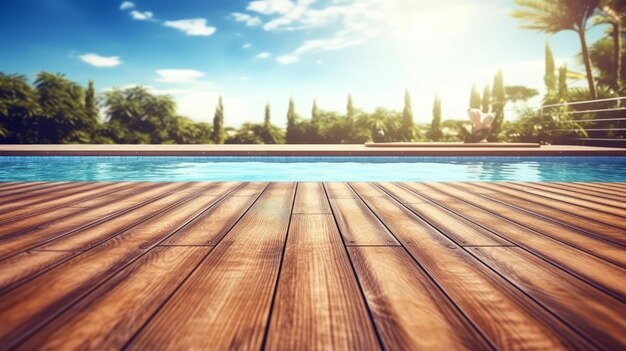 Photo surface en bois vide avec une illustration générée par l'ia d'un hôtel de voyage d'été.