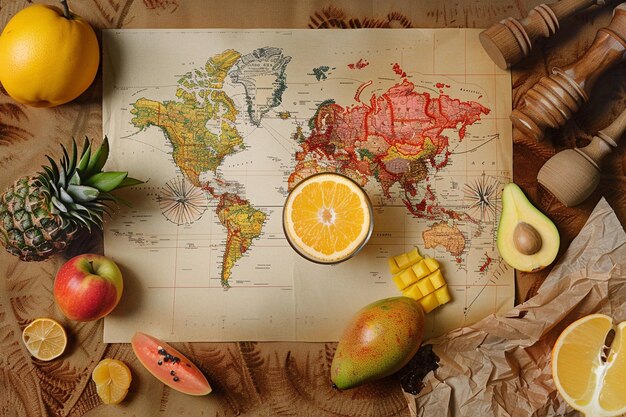 Photo surface de la carte du monde avec des fruits et des éléments de la fête des pères