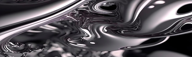 Surface de chrome liquide Texture métallique fluide pour la conception Forme organique irréelle Matière noire Arrière-plan numérique AI générative