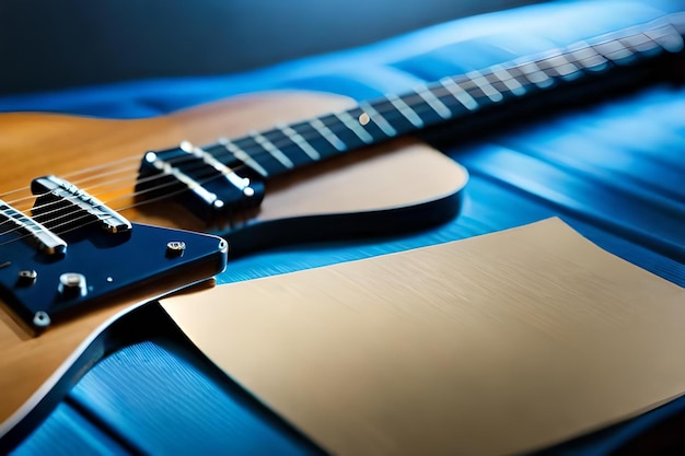 Photo une surface en cuir bleu avec un fond bleu et une guitare brune et blanche.