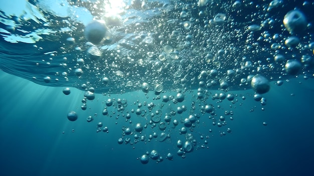 Une surface d'eau bleue avec des bulles et le soleil qui brille dessus.