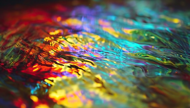 Une surface d'eau colorée avec des reflets de lumière multicolores