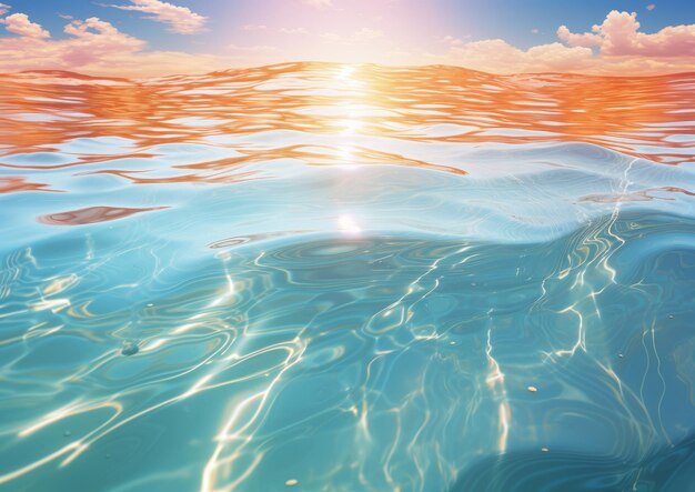 Surface d'eau de mer bleue avec le soleil et les nuages reflétés dans l'eau 3D