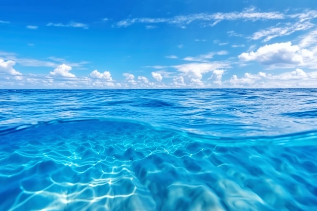 Surface de l'eau de l'océan de la mer bleue et sous l'eau avec fond d'écran de fond d'été skyseascape ensoleillé et nuageux